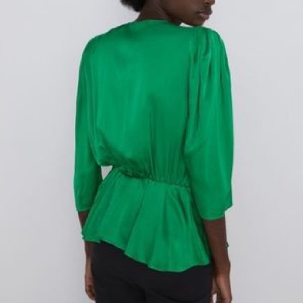 ZARA New Satin Wrap Blouse - Emerald Green - S - Picture 3 of 6